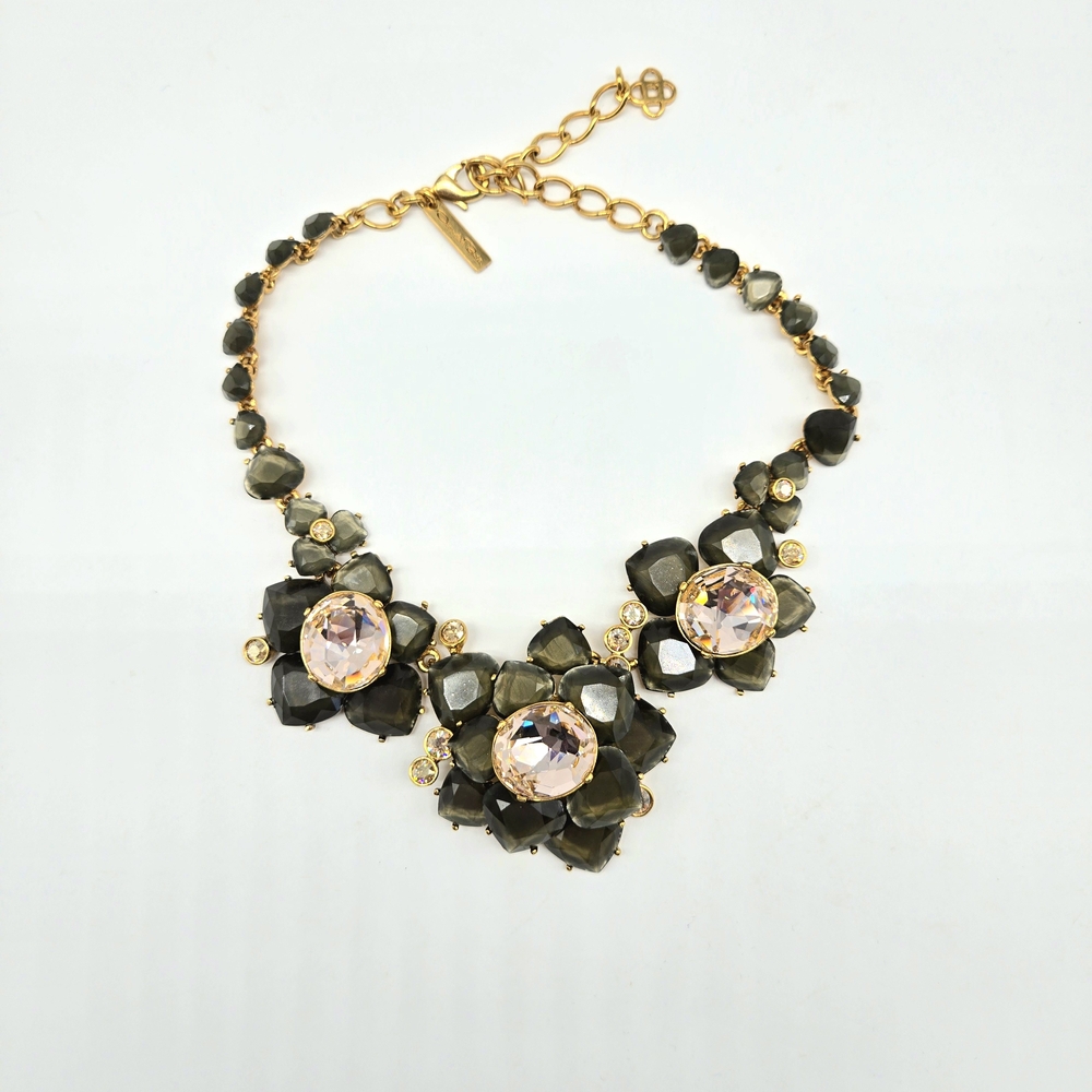 Oscar de la Renta Gray and Peach Swarovski Crystal Flower Statement Necklace